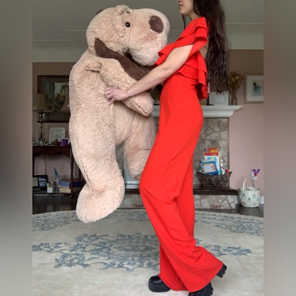 Revamped Coral Red Ruffled Jumpsuit - Picture 8 of 13